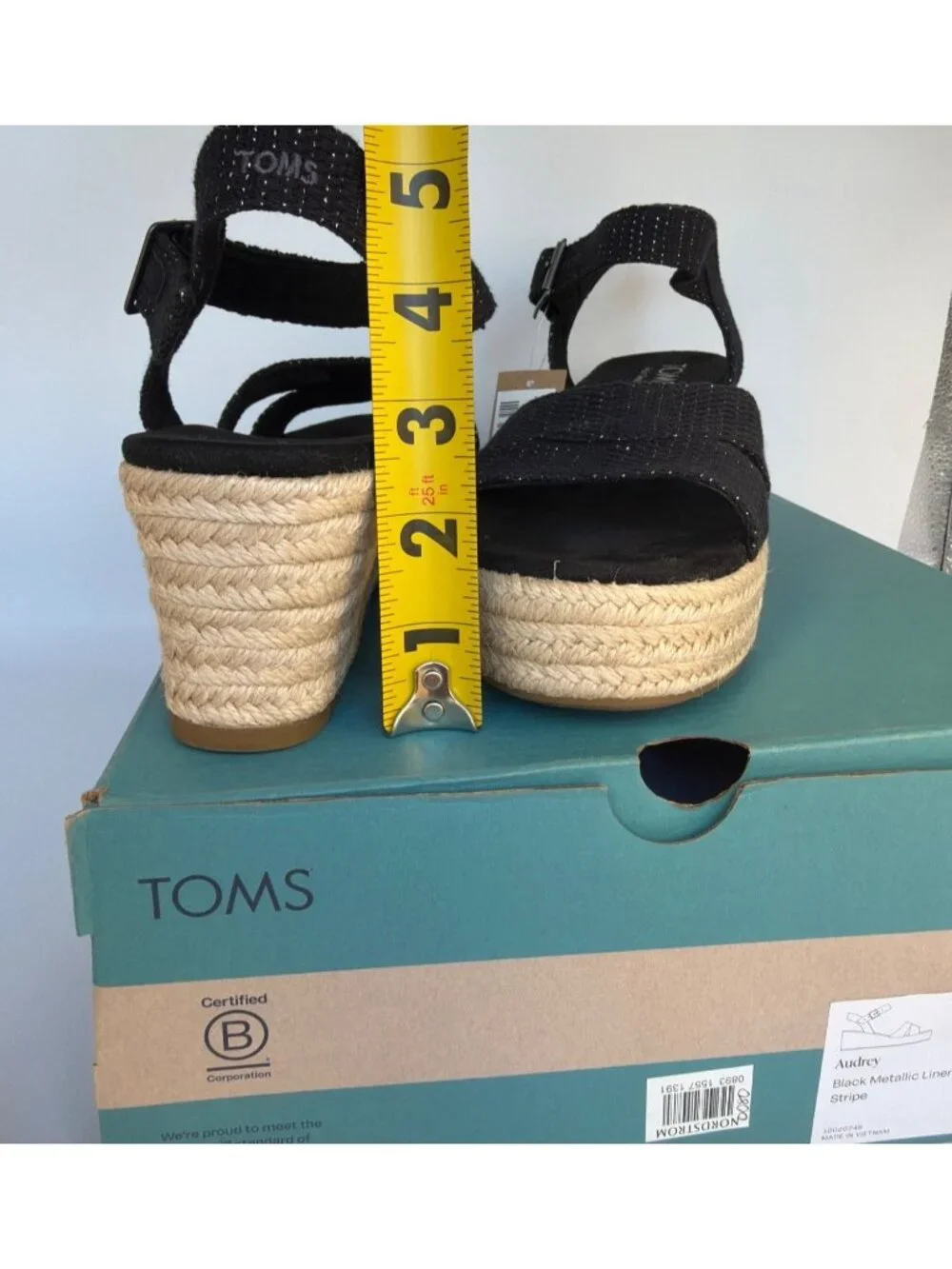 Toms Audrey Espadrilles Ankle Strap Black Metallic Wedges Women Size 9